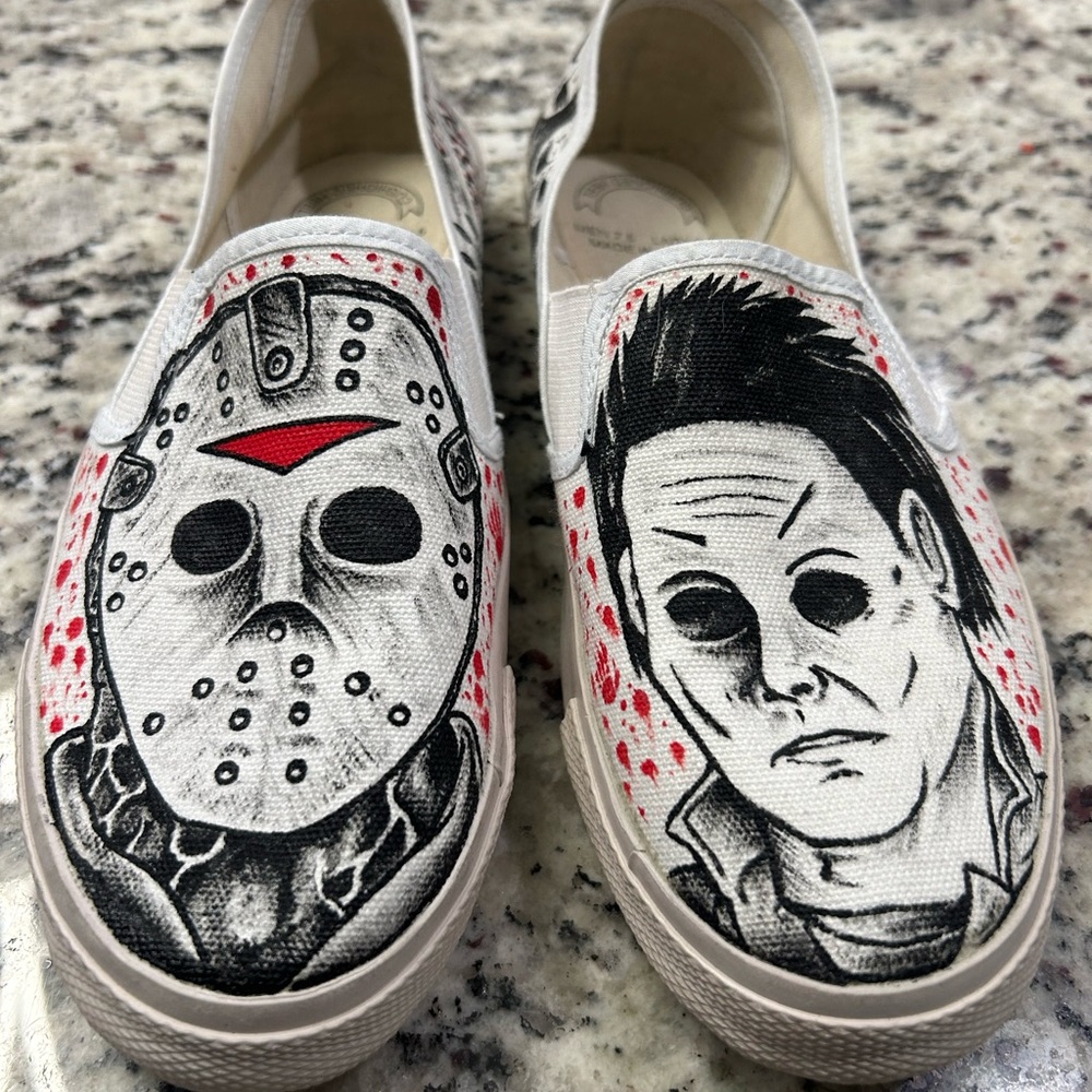Hand Painted Custom Horror Themed Slip-On Shoes Jason & Michael M7.5 W9.5